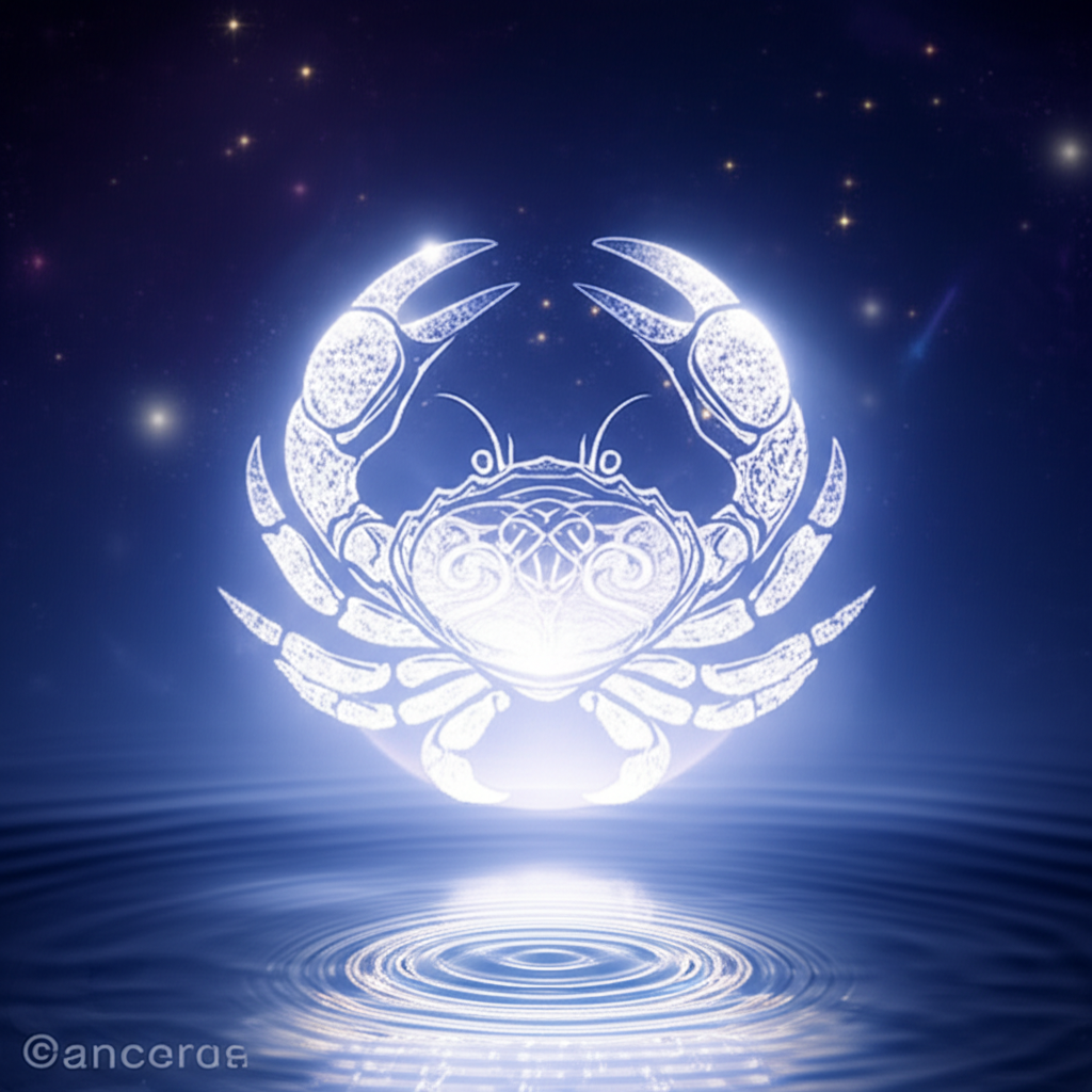 Мистическое изображение Луны, сияющей над символом Рака, демонстрирующее, как луна как правитель рака, влияет на знак зодиака.