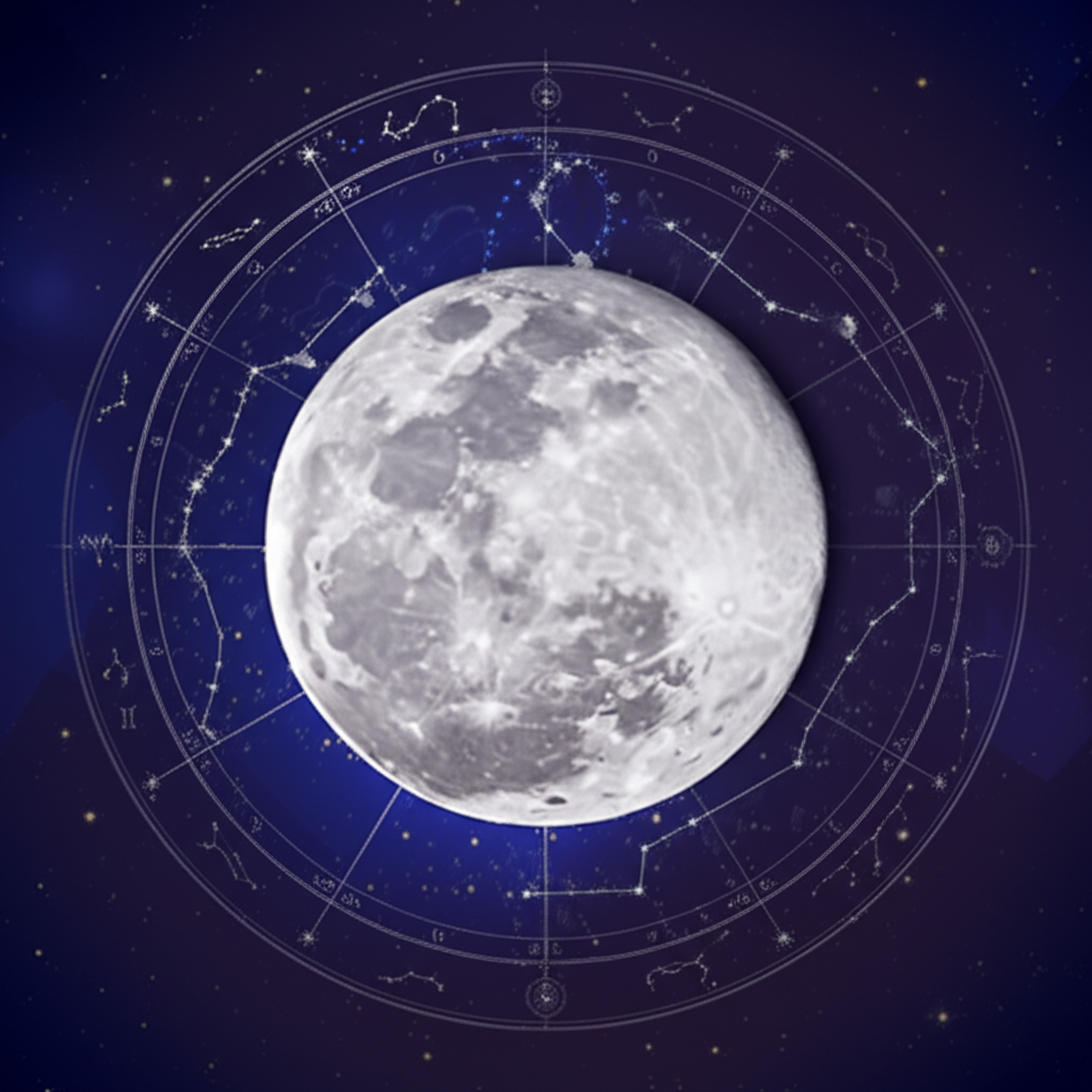 Мистическое изображение полнолуния, окруженного тонкими астрологическими символами, подчеркивающее значение луны в астрологии и её влияние на эмоциональный мир.
