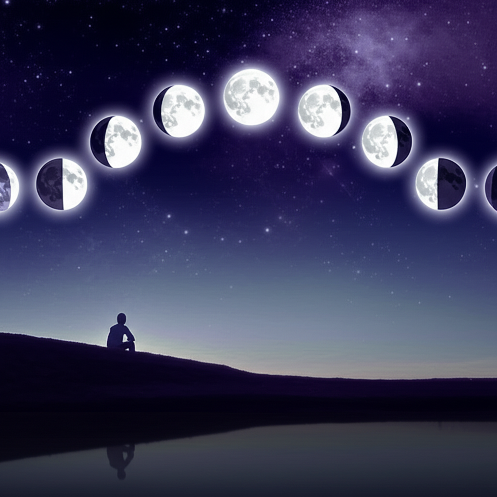 Лунная астрология: иллюстрация полного цикла лунных фаз над спокойным ночным пейзажем.