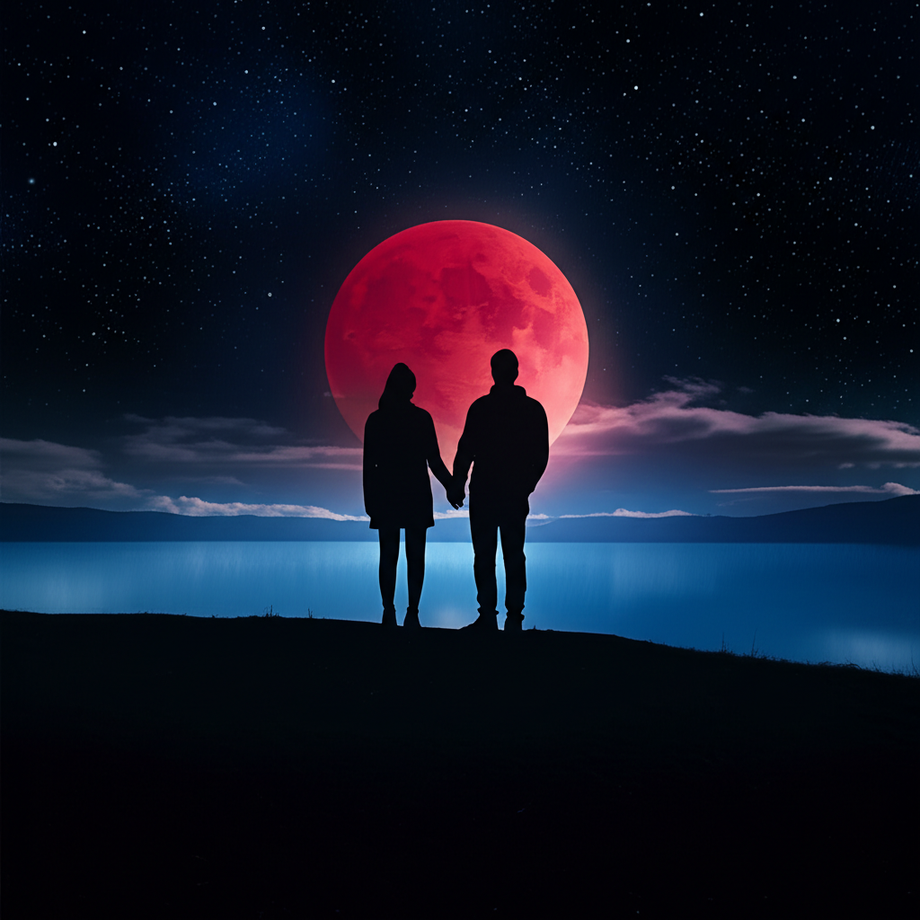 Романтическая пара наблюдает за красной луной, символизируя лунное затмение любовь.