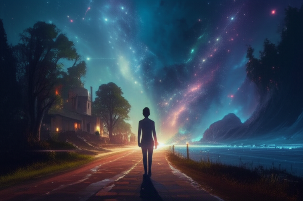 Символическое изображение, где лунные узлы правильный выбор представлен как распутье между прошлым и будущим.