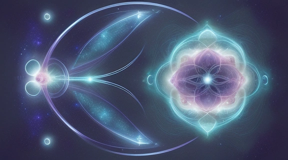 Завораживающее изображение, символизирующее Лунные узлы: яркая точка роста и глубокая точка прошлого, связанные энергетической нитью в космическом пространстве.