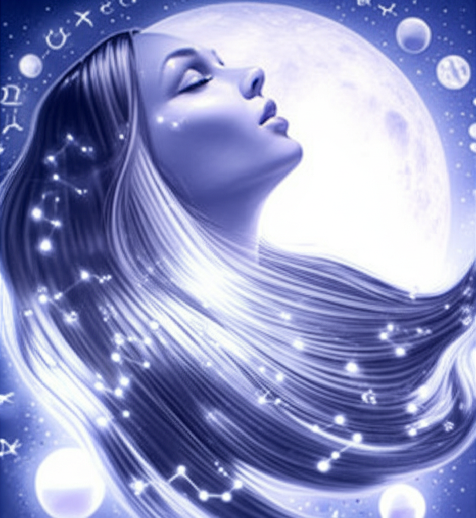 Женщина с красивыми, ухоженными волосами на фоне лунных символов, символизирующая благоприятные дни по лунному календарю стрижек на месяц.