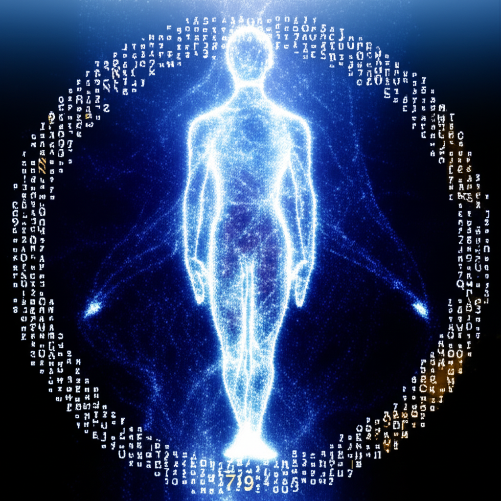 Символическое изображение, где магия имени показана через светящиеся буквы, окутывающие силуэт человека.