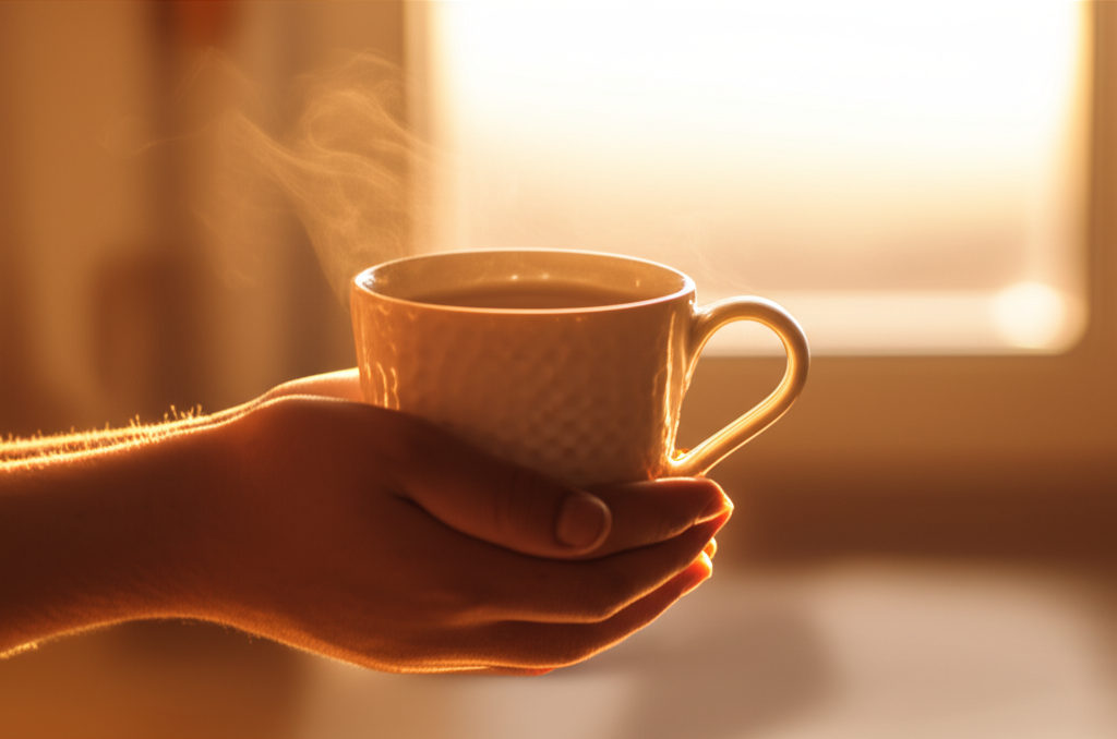 Теплые руки держат керамическую чашку, в лучах утреннего солнца видна магия повседневных вещей.