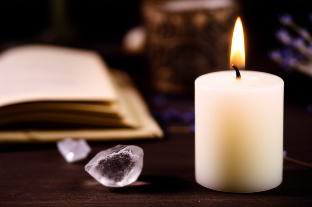 Декоративная свеча на столе, иллюстрирующая ритуал, где используется магия свечи.