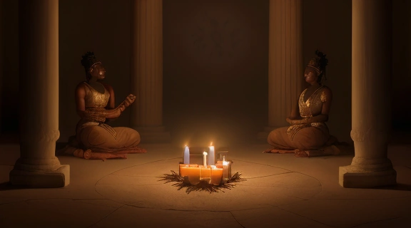 Древние символы, свечи и атрибуты на алтаре, демонстрирующие магия вуду ритуалы заклинания в мистической обстановке.