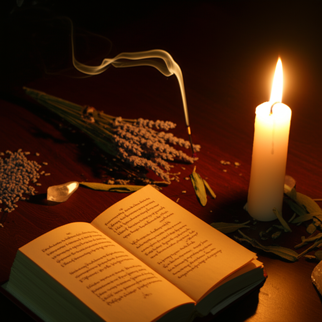 Старинная книга с ритуальными предметами, иллюстрирующая тему магия заговоров.