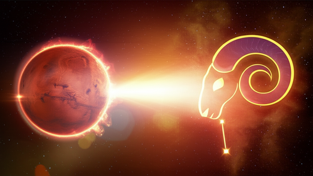 Символическое изображение, показывающее мощное энергетическое влияние планеты Марс, символизирующей волю и действие, на знак зодиака Овен, что отражает суть «марс как правитель овна» и его динамические проявления.