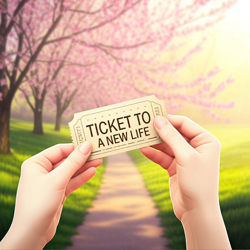 Символический март билет в новую жизнь в руке на фоне весеннего пейзажа.