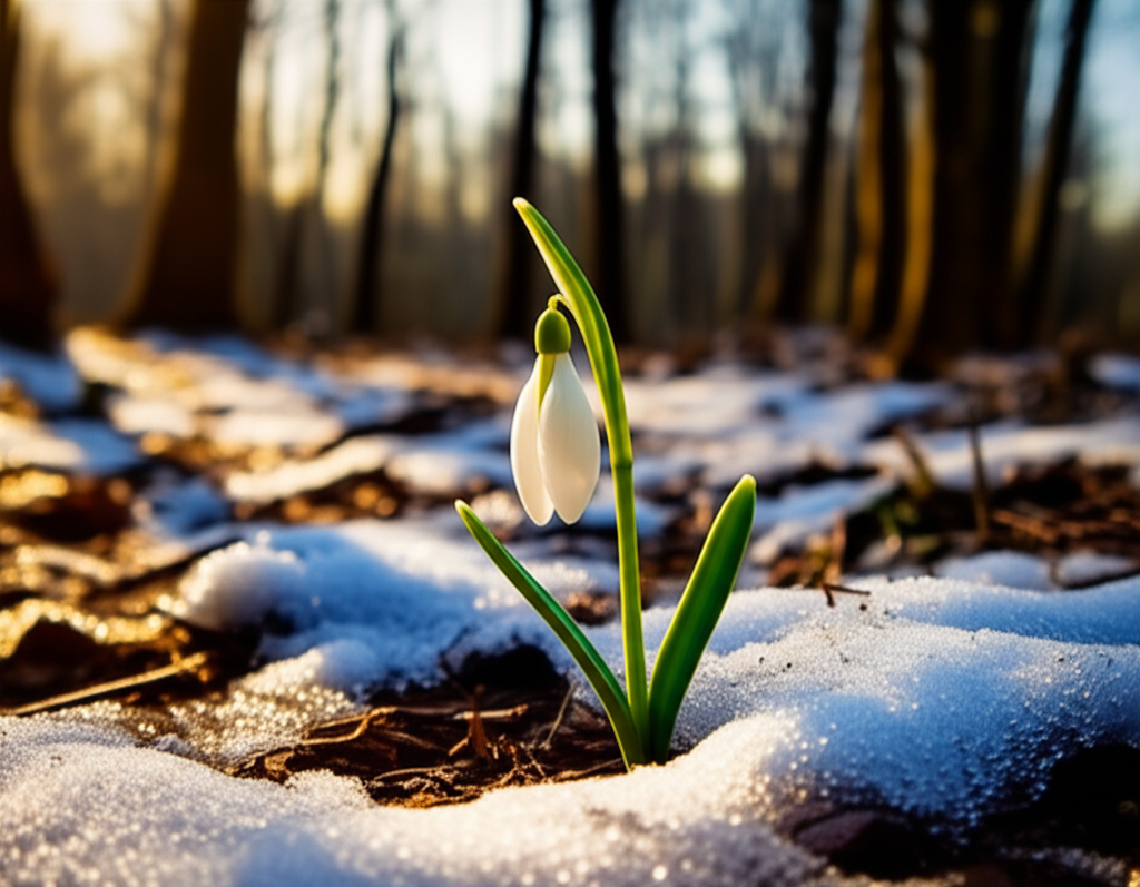 Первый подснежник пробивается сквозь тающий снег, символизируя, что март наступает.