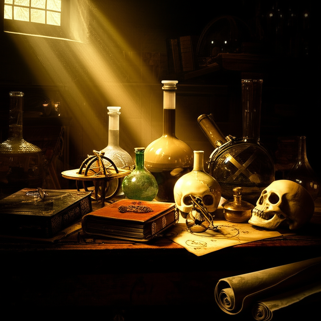 Мастерская европы мрачные ритуалы: стол алхимика с древними книгами и инструментами.
