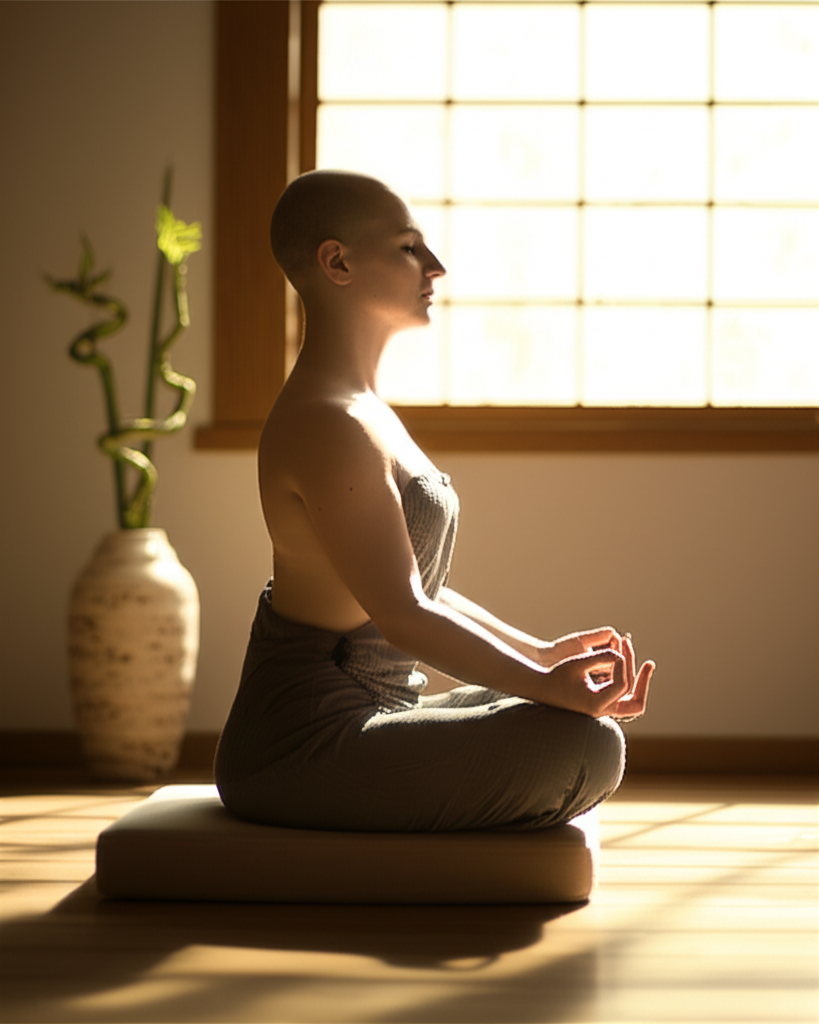 Человек, практикующий медитацию в буддизме в тихом храме на рассвете.