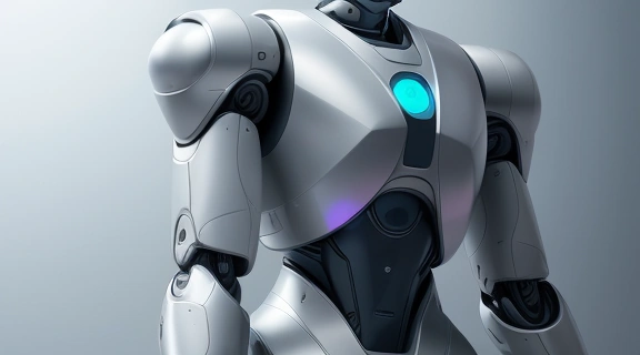 Сложный гуманоидный механический человек в современной лаборатории, демонстрирующий продвинутые технологии.