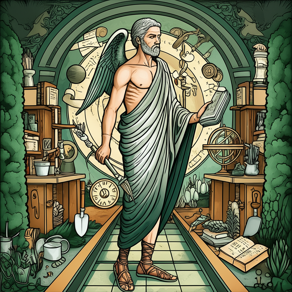 Символическое изображение, показывающее планету Меркурий, управляющую знаком Девы, подчеркивающее аналитический ум и практичность. Меркурий как правитель Девы изображен как мудрая фигура, влияющая на упорядоченный сад.