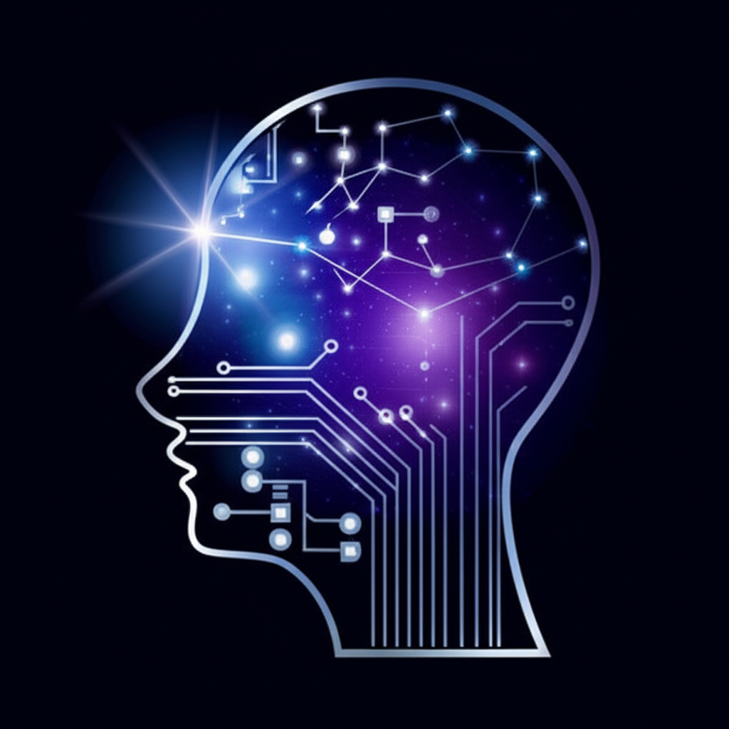 Схематическое изображение головы человека, где мозг заменен на созвездия и цифровые схемы, иллюстрирующее меркурий в водолее.