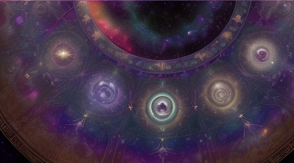 Группа людей разных возрастов и культур с благоговением взирает на сияющее звёздное небо с астрологическими символами и созвездиями, отмечая Международный день астрологии.