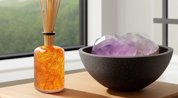 Коллекция минералов фэн-шуй, расположенных на светлой поверхности, с акцентом на аметист, розовый кварц и цитрин для гармонии в доме.