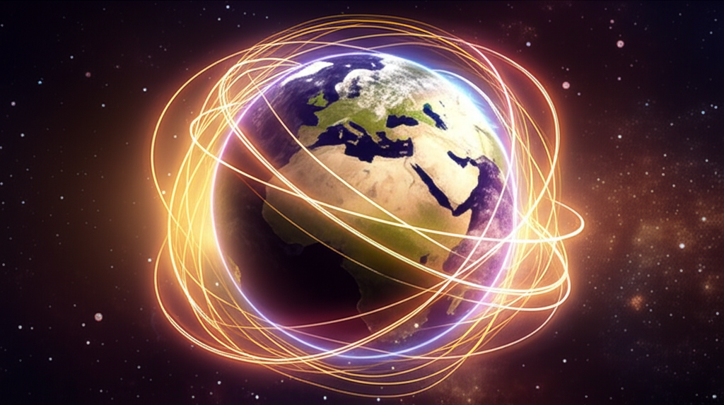 Символическое изображение планеты Земля, окутанной светящимися нитями, иллюстрирующее, как миром правит любовь.