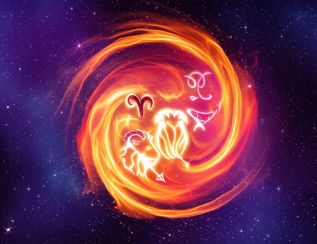 Иллюстрация, символизирующая мощь стихии огонь в астрологии, с элементами пламени и зодиакальных знаков Овна, Льва и Стрельца на фоне звёздного неба.