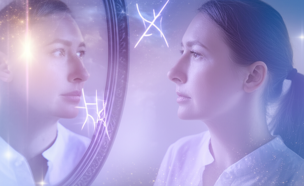 Задумчивая женщина, смотрящаяся в зеркало, на фоне абстрактных астрологических символов и ретроградной Венеры, что символизирует размышления о том, можно ли делать пластическую операцию при ретро Венере.