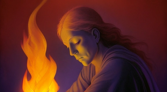 Символическое изображение, передающее Мудрость огня через абстрактное пламя и древние знаки.