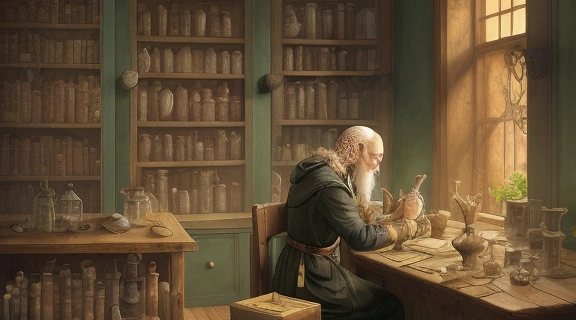 Иллюстрация: старинный кабинет, где алхимик изучает труды и готовит снадобья, воплощая Советы Парацельса