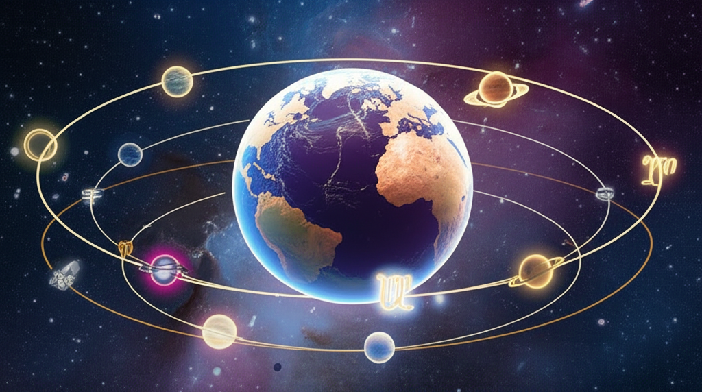 Мундальная астрология: глобус Земли в окружении орбит и символов планет, иллюстрирующий глобальные влияния.