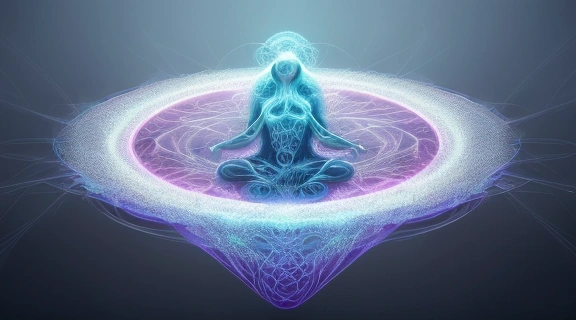 Сюрреалистическая картина, где Мысли материальны, проявляясь из головы человека в элементы природы и геометрии.