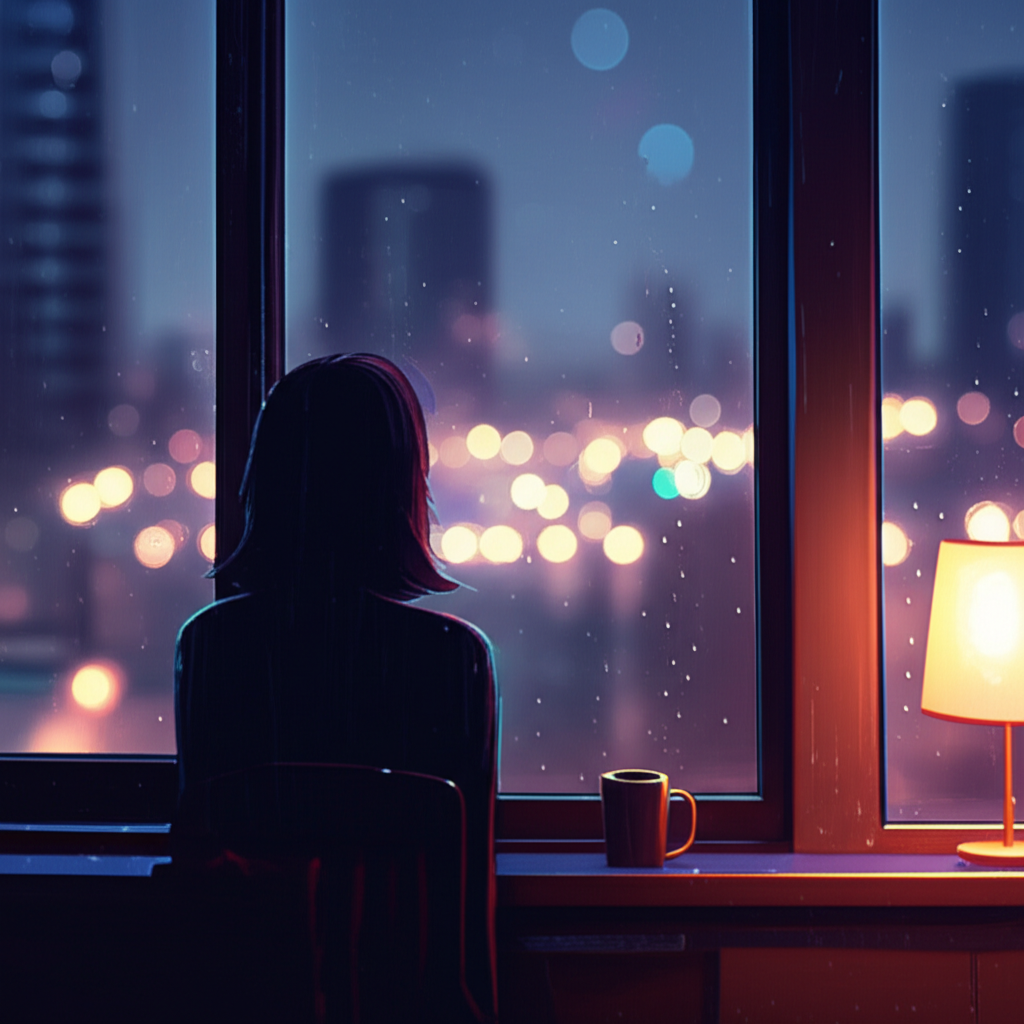 Человек, погруженный в глубокие мысли об одиночестве, сидит у окна и смотрит на вечерний город.