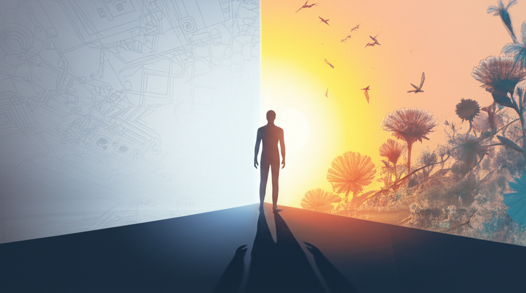 Человек на распутье между светлой дорогой и туманной тропой, символизирующий надежды и сомнения.