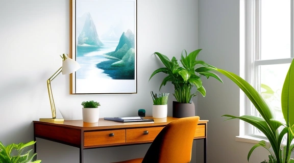 Организованное рабочее пространство дома, призванное помочь найти работу по фэн-шуй с использованием элементов воды, металла и растений.