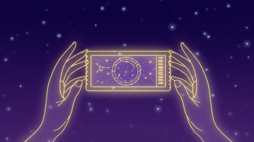 Светящиеся натальная карта билеты в руках человека на фоне звездного неба, символизирующие ключ к судьбе.