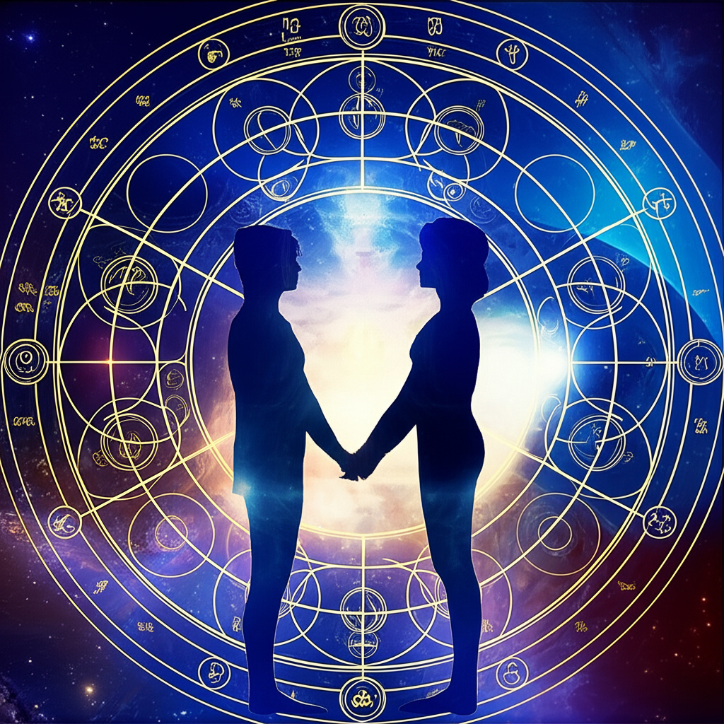 Изображение демонстрирует натальную карту и выбор партнера для брака, символизируя космическую связь между двумя людьми, чей путь определяется звездами.