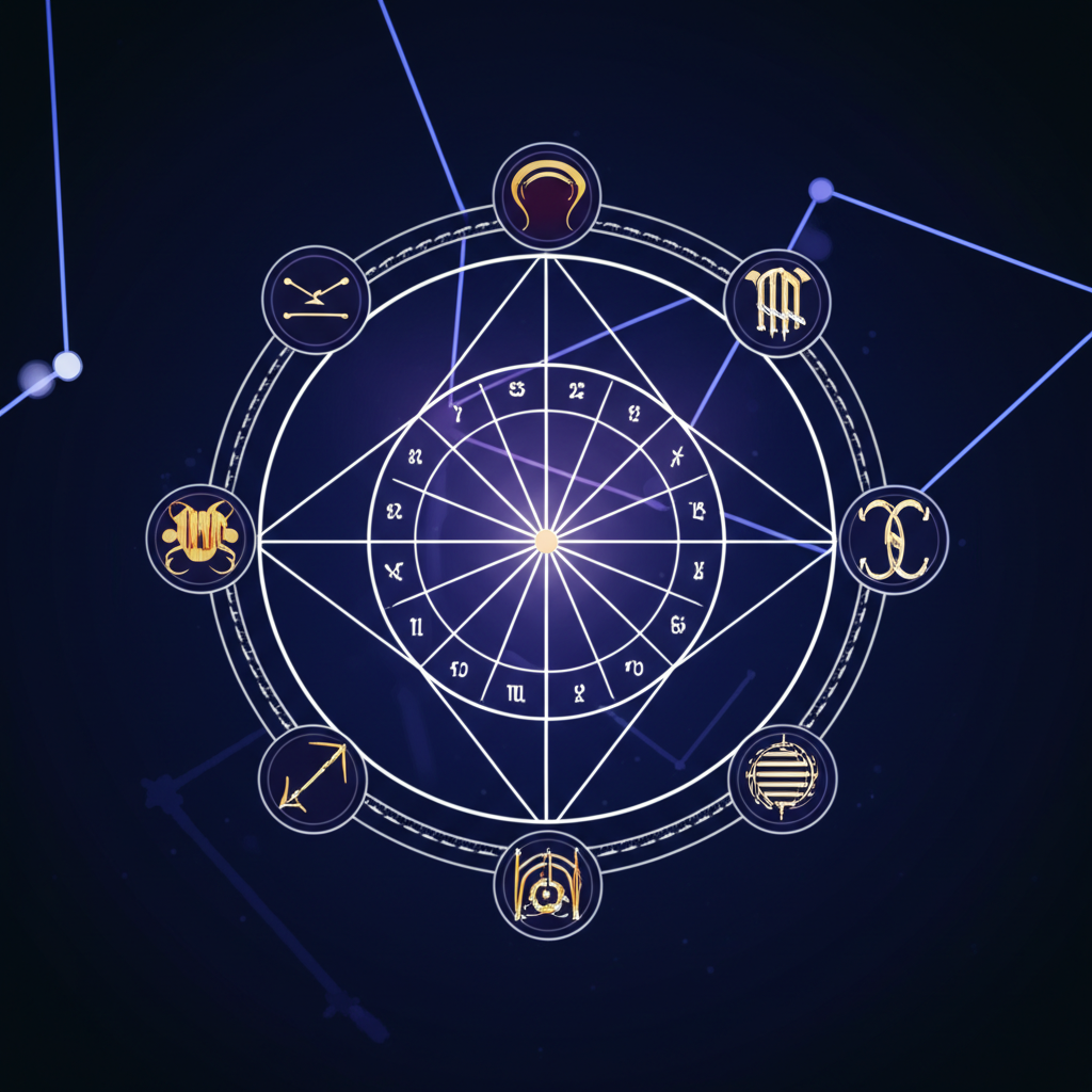Стилизованная натальная карта по дате рождения онлайн на темном фоне со знаками зодиака и планетами.