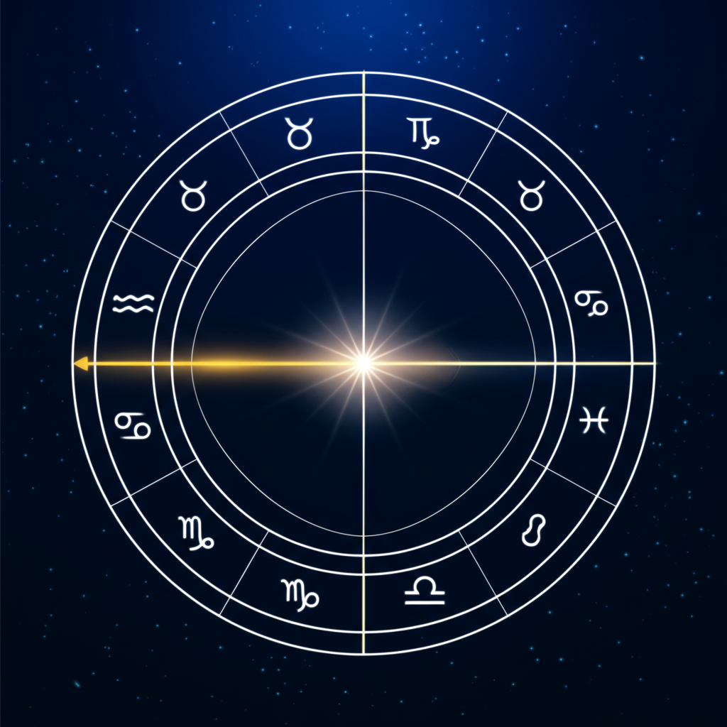 Детальная натальная карта расчет асцендента с выделенной линией горизонта и знаками зодиака.