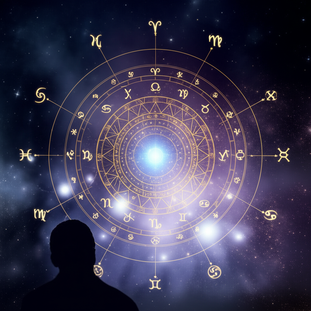 Стилизованная натальная карта рассчитать по дате рождения с расшифровкой на фоне космоса