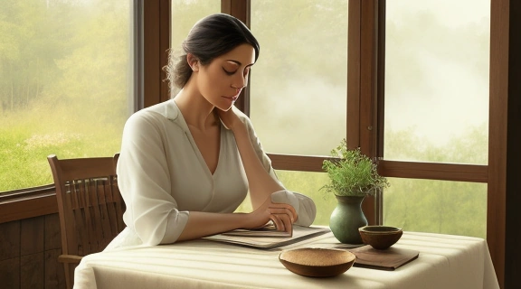 Человек изучает расклад карт на столе, обучаясь гадать на картах, с дневником и чашкой чая