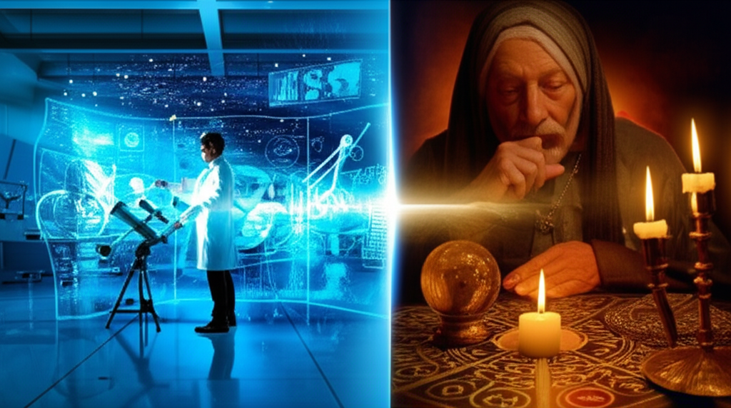 Изображение, иллюстрирующее научную критику астрологии: учёный анализирует данные с помощью телескопа на одной стороне, а астролог изучает старинные карты и хрустальный шар на другой, подчёркивая контраст между эмпирическим знанием и мистическими верованиями.