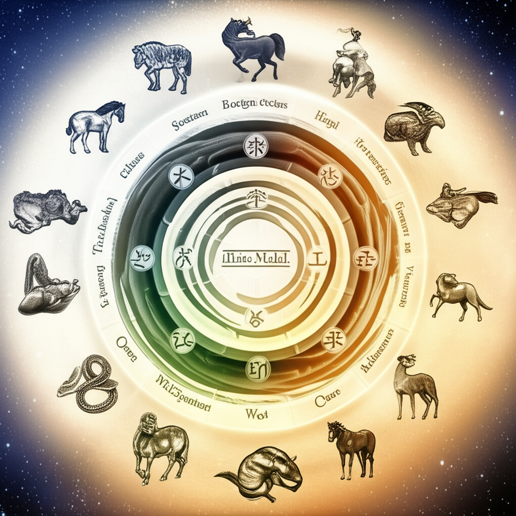 Иллюстрация, символизирующая взаимодействие между небесными стволами и земными ветвями, отображающая их связь с природными элементами и зодиакальными животными в гармоничном круге.
