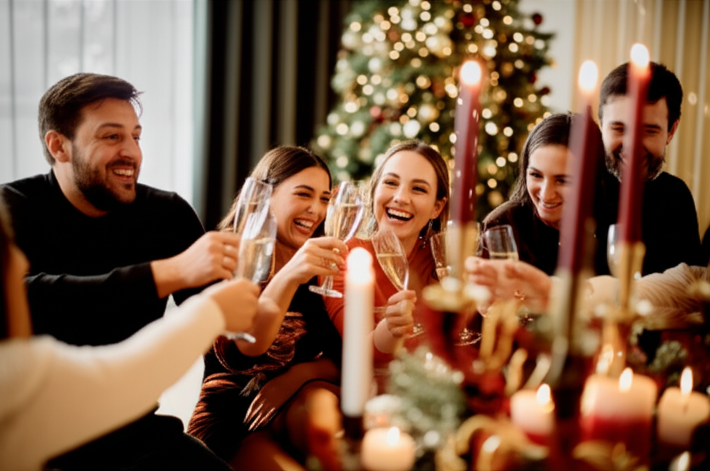 Креативные идеи для новогодней вечеринки в кругу друзей с шампанским и бенгальскими огнями.