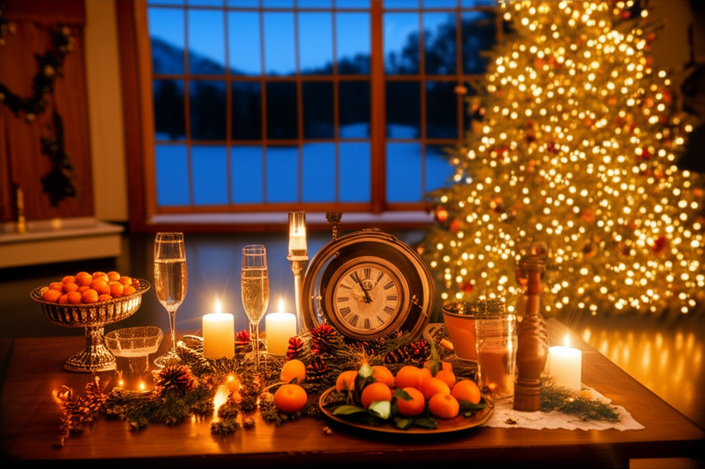 Праздничный стол и часы, символизирующие новогодние приметы на счастье и удачу в будущем году.