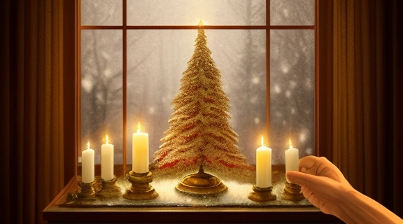 Изображение демонстрирует новогодние ритуалы и обряды: руки, гадающие на воске и монетах, на фоне уютной праздничной обстановки.
