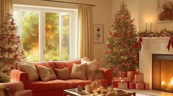 Изображение праздничной гостиной, украшенной в стиле Новогодний фэн-шуй дома, с елкой, гирляндами и символами изобилия.