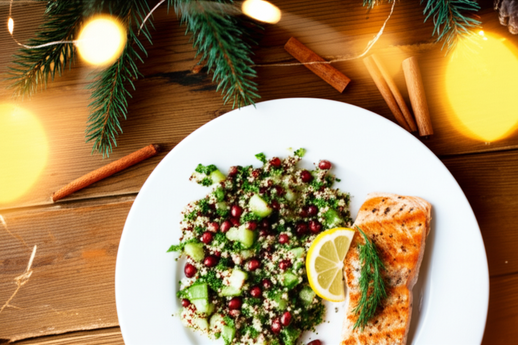 Здоровая и вкусная новогодняя диета в виде красивого блюда с рыбой и салатом на праздничном столе.