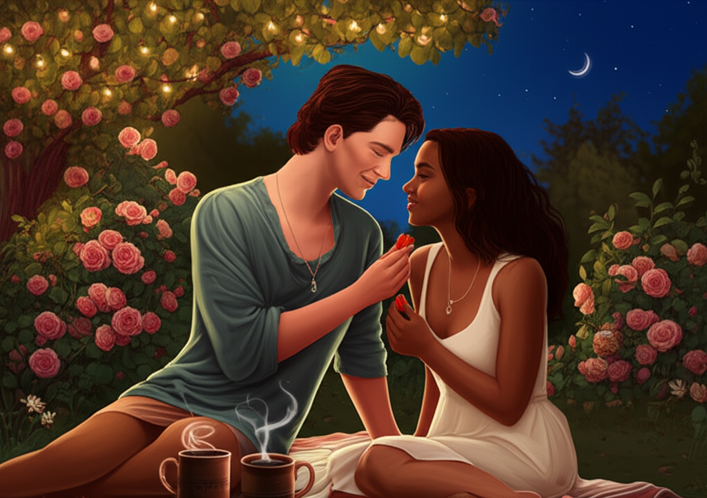 Новолуние в Тельце время любви и дружбы: пара наслаждается романтическим вечером в саду.