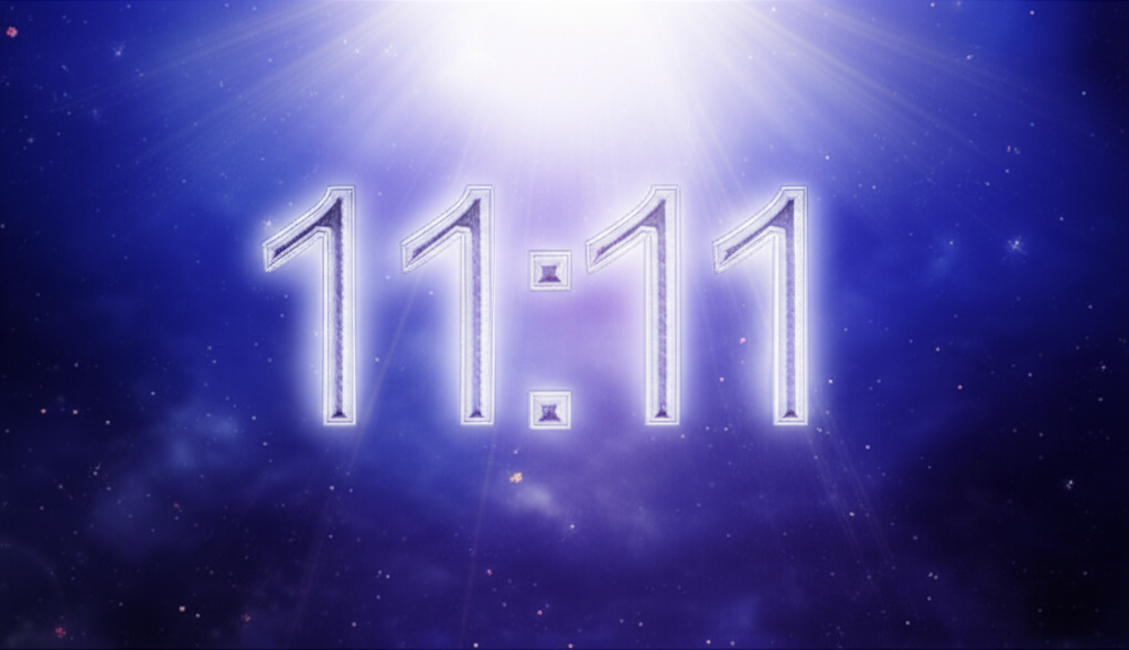 Светящиеся цифры 11:11 на космическом фоне, как символ посланий, которые раскрывает нумерология ангелов.