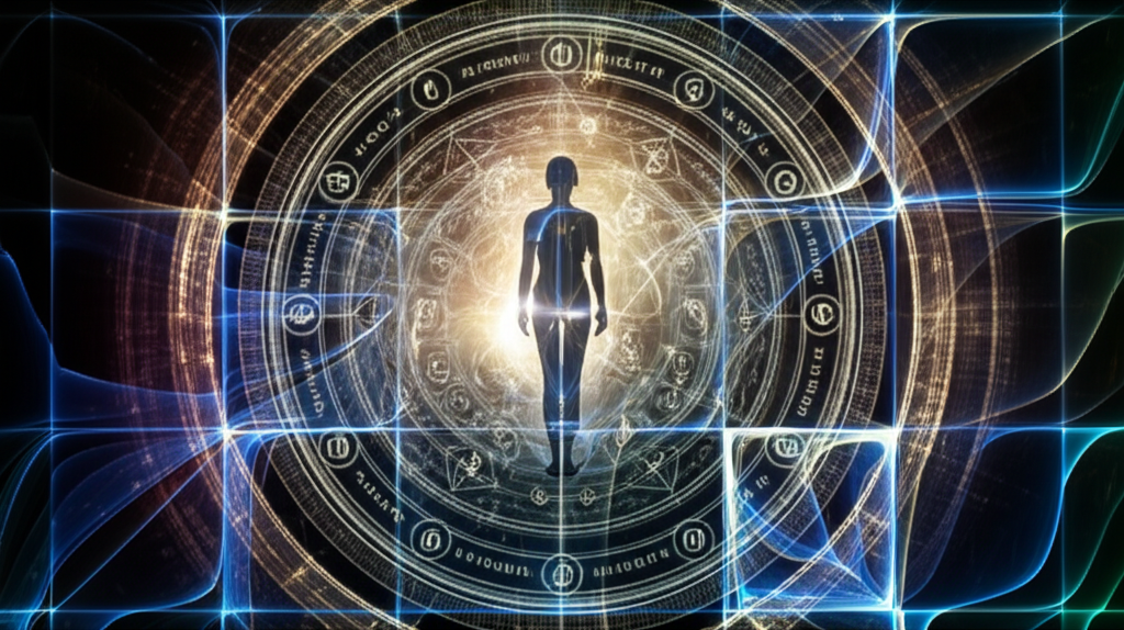 Нумерология и астрология: символическое изображение зодиакального круга и чисел, сплетающихся вокруг силуэта человека.