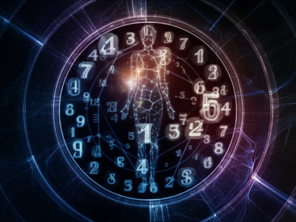 Символическое изображение, где нумерология код судьбы представлена в виде светящихся чисел и космических узоров.