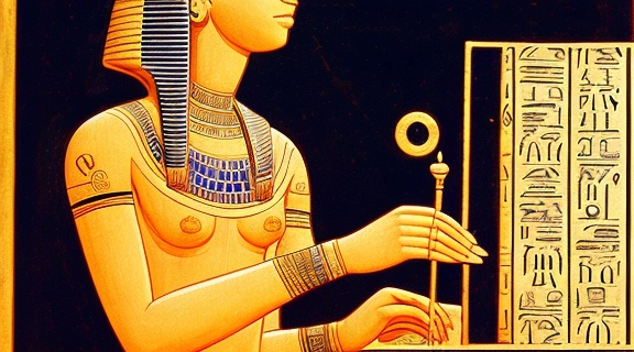 Древнеегипетский жрец-писарь работает над папирусом, демонстрируя сложную систему Нумерология в Египте.